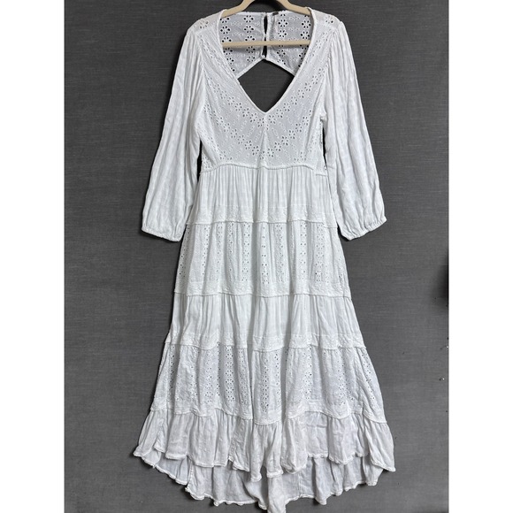 Free People Dresses & Skirts - Free People Dress M White Eyelet Tiered Midi Boho Balloon Open Back Festival